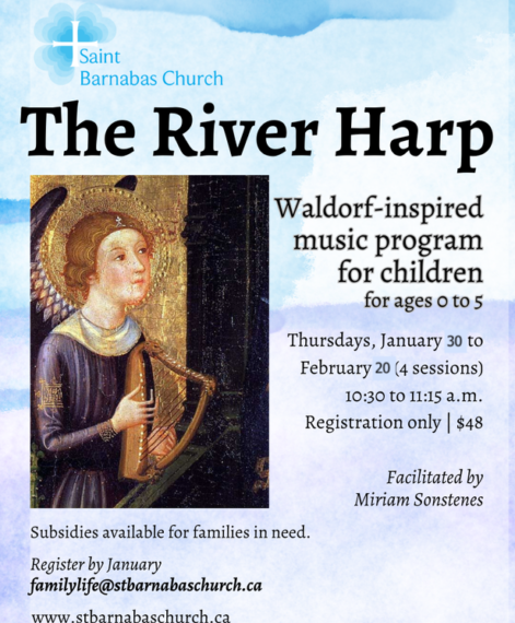 Join the enchanting "River Harp" music program for children ages 0-5, led by Miriam Sonstenes at Saint Barnabas Church. Immerse your little ones in a world of melody every Thursday from January 30 to February 20. Secure your spot today with registration at just $48!.