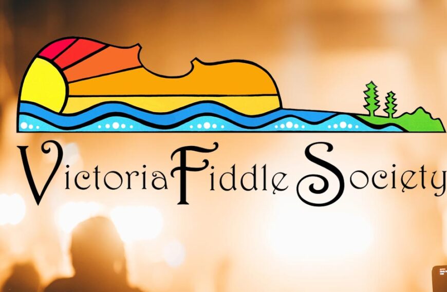 Logo of the Victoria Fiddle Society featuring a stylized landscape with a sunset, hills, and trees, resembling a violin.
