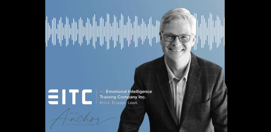 Smiling man in a suit, wearing glasses, stands beside the Emotional Intelligence Training Company Inc. logo and sound waves. Text reads, "Know. Engage. Lead." Discover a better way to enhance your leadership skills with us.