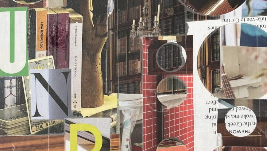 Collage featuring cut-out letters, stacked books, library shelves, and various paper pieces layered together—celebrating the Language of Folds and creative paper art.