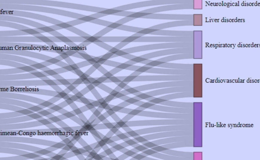A flow diagram connects infectious diseases on the left to various types of disorders and syndromes on the right with curved lines, illustrating an integrated approach that highlights connections such as those involving tick-borne pathogens.