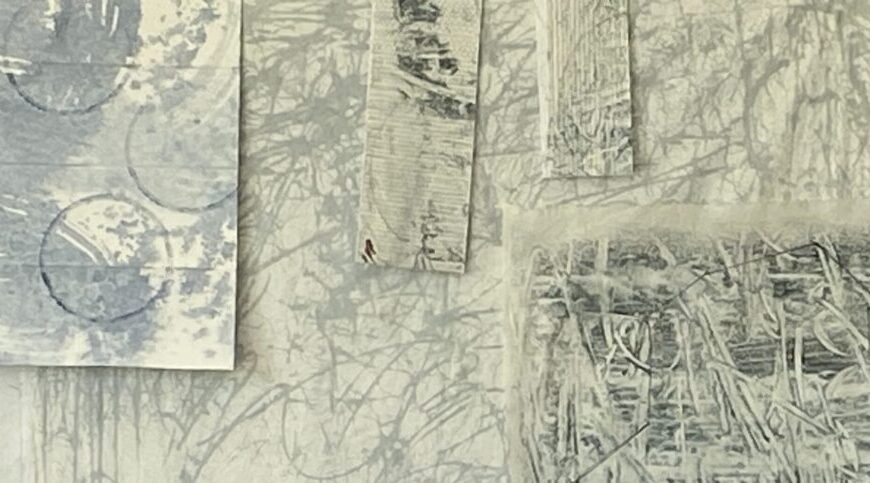 Several abstract drawings with circular and linear patterns in shades of gray and blue are displayed on a wall with a similar abstract background, setting the scene for a funky week filled with creative inspiration.