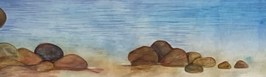 A watercolor painting of a shoreline with scattered rocks in the sand and calm blue water under a clear sky, capturing the beauty of revisiting the unfinished moments in nature.