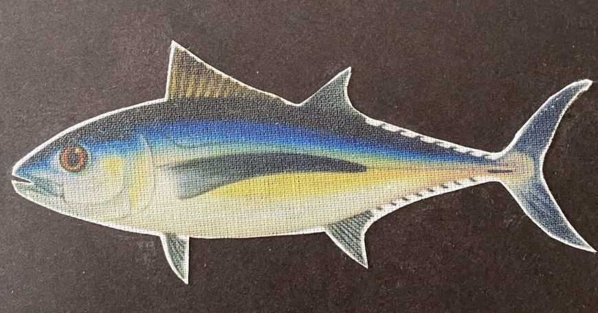 Illustration of a fish with a streamlined body, blue and yellow coloring on a dark background, capturing the value of not giving up as it glides through the depths.