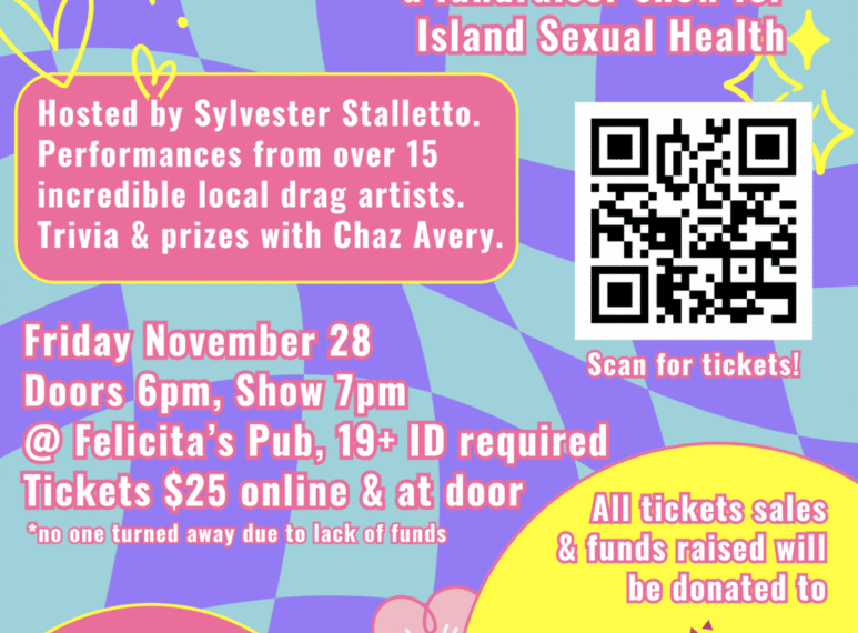 Colorful event poster for "drag-ISH," an ISH Fundraiser drag show benefiting Island Sexual Health. Features event details, QR code for tickets, and logos for Felicita’s Pub and Island Sexual Health. Happening November 28th!.