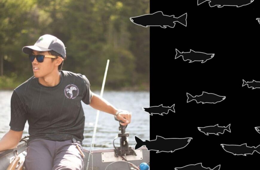 Auston Chhor, wearing sunglasses and a cap, sits in a boat on a lake; the right side of the image features a black background with white fish illustrations, reflecting his passion for science communication.
