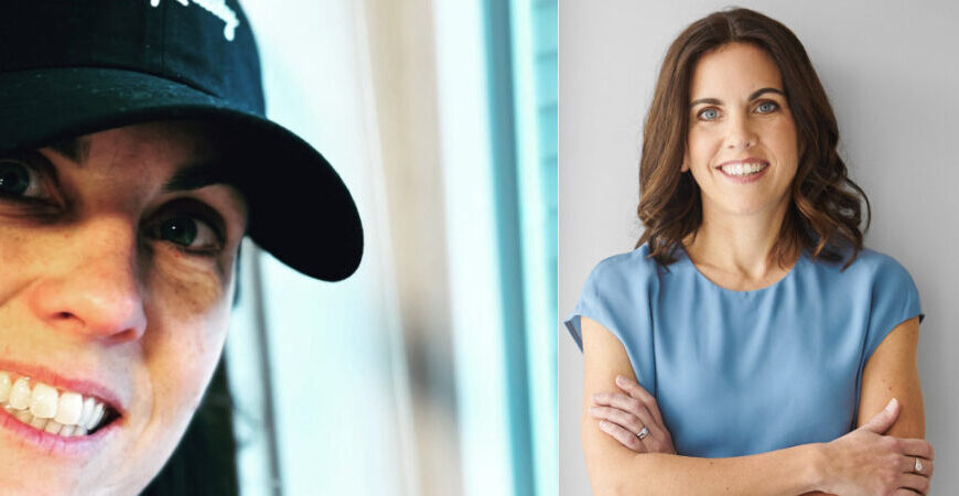 Side-by-side photos of a woman: left, a close-up with a black cap reflecting her journey to find balance; right, a professional naturopath portrait with arms crossed in a blue blouse.