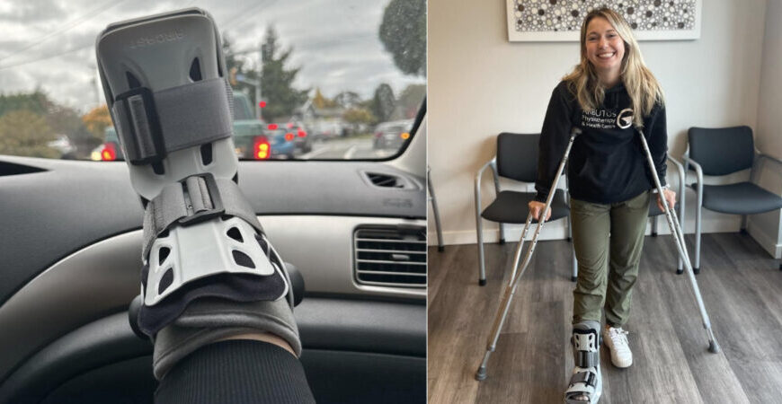 A person with a medical boot on their injured right leg is seen in a car and later standing with crutches in a waiting room, smiling—perhaps after visiting physios.