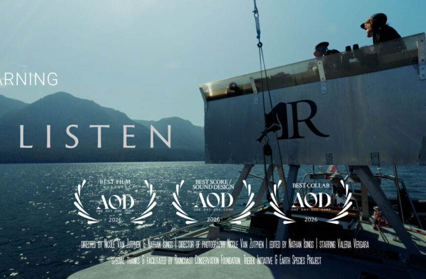 People stand on a boat equipped with large speakers, surrounded by mountains and water. Text reads “Learning to Listen,” highlighting Raincoast scientists as they explore killer whale communication in this captivating short film. Three award laurels are displayed at the bottom of the image.