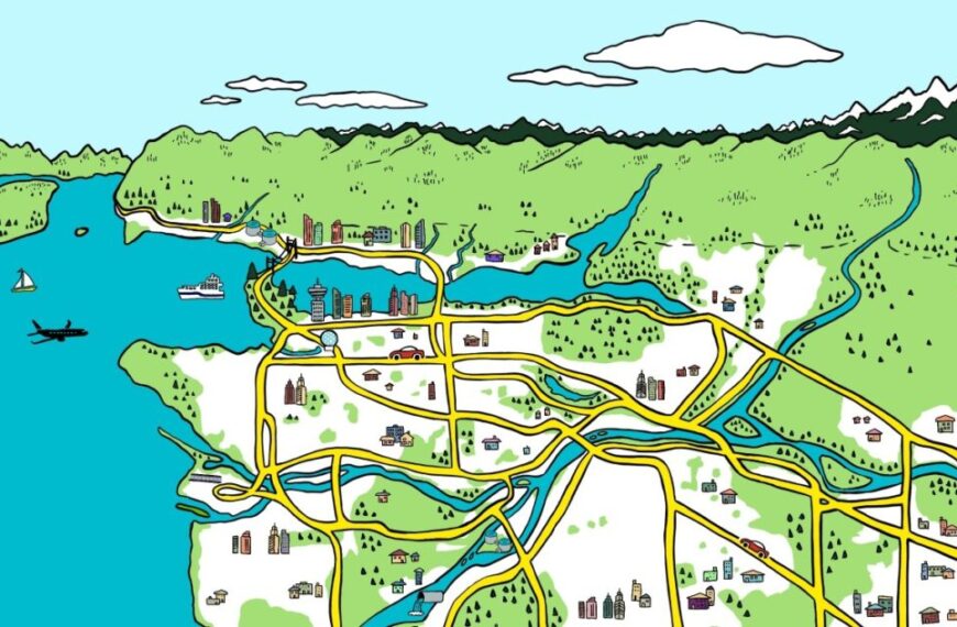 Colorful illustrated map shows Metro Vancouver, a vibrant coastal city with mountains, water, boats, an airplane, roadways, rivers, green spaces, and clusters of buildings—perfectly capturing the essence of this unique Raincoast region and its focus on water quality.