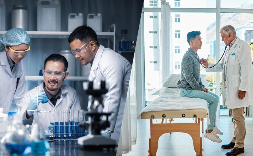Split image showing three researchers in a laboratory on the left and a doctor using a stethoscope to examine a patient for chronic Lyme on the right.