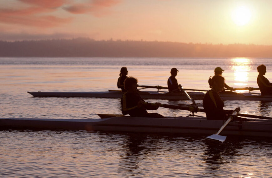 Silhouetted rowers in two sculling boats on the water at sunset, symbolizing collaborative organizational culture.